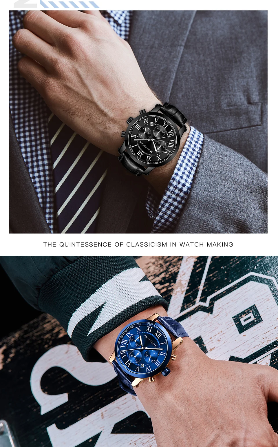 Fashion Leather Chronograph Watch for Men Classic Quartz Wristwatch by MINI FOCUS Wholesale 