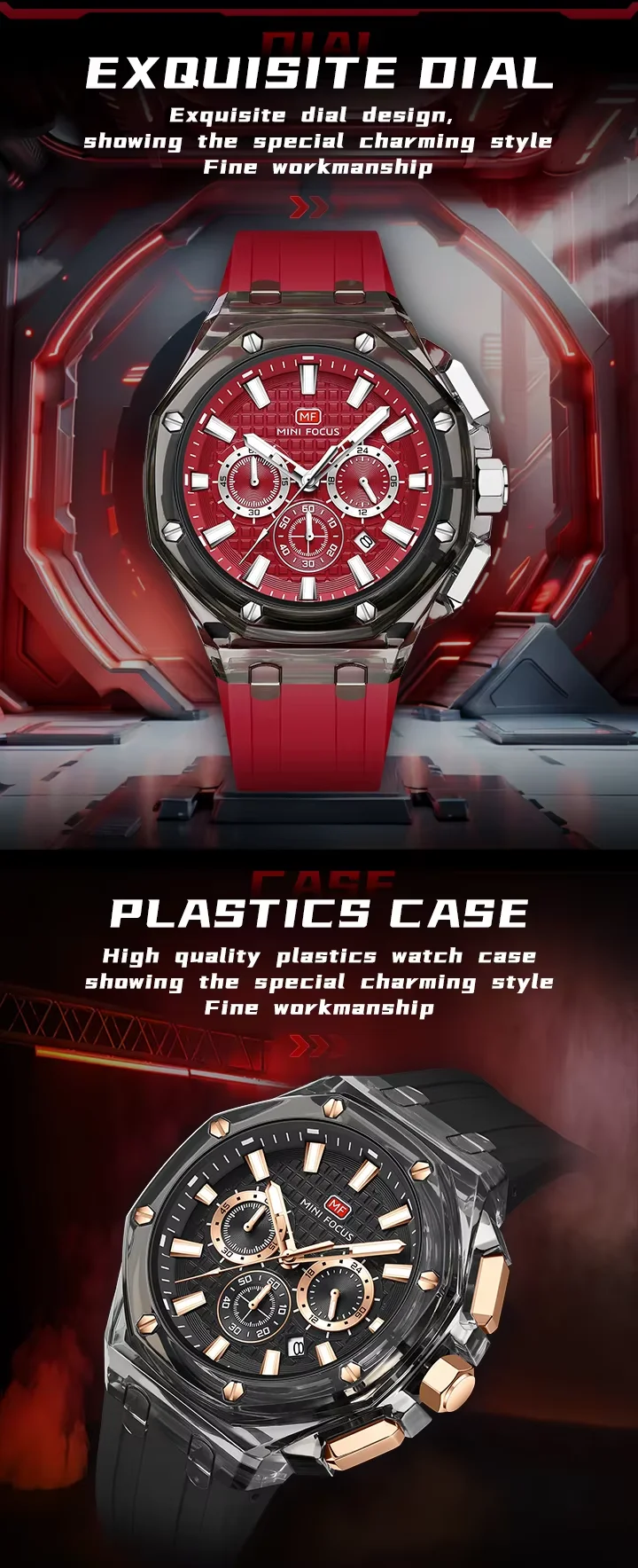 MINI FOCUS MF0616G Men's Sports Watch Cool Design, Waterproof Plastic Case, Silicone Strap Quartz Watch