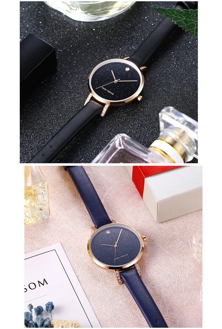 MINI FOCUS MF0159L Women’s Luxury Quartz Watch | Blue Leather Strap Elegant Iced-Out Ladies Wrist Watch with Box