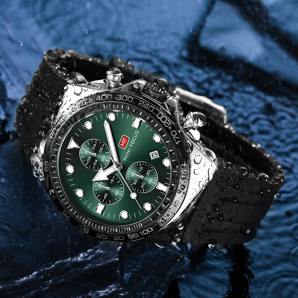 MINI FOCUS Dial Date Men’s Chronograph Sports Quartz Watch with Silicone Strap for Wholesale