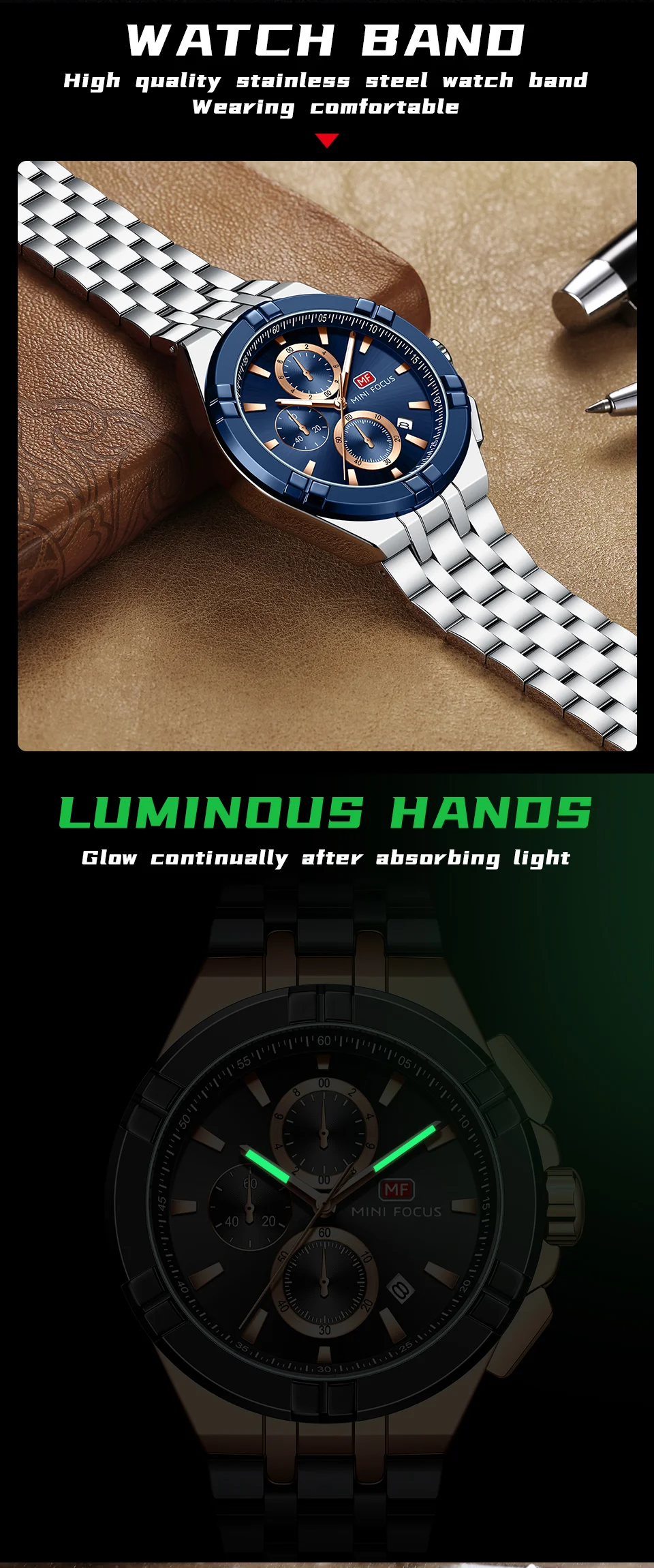Mini Focus Top Sale Men’s Sports Chronometer Quartz Watch with Stainless Steel Band for Wholesale