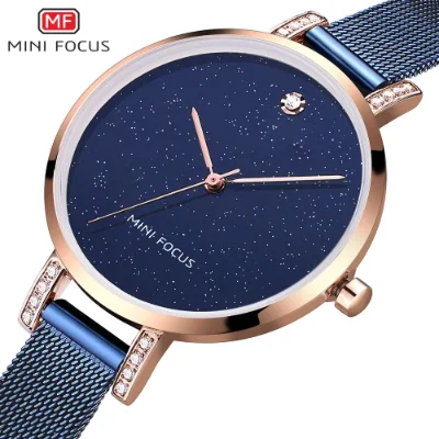 MINI FOCUS Women’s Luxury Quartz Watch Rose Blue Mesh Strap