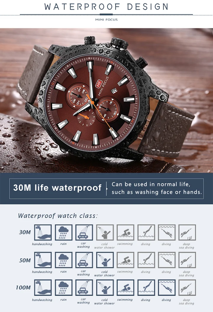 Mini Focus MF0082G Men's Watch | Fashionable Waterproof Leather Strap, Luminous Calendar, Quartz Movement
