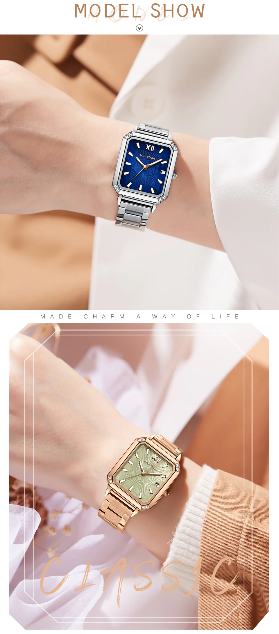 Elegant Square Ladies Watch – MINI FOCUS MF0472L Stainless Steel Strap Date Display Quartz Wristwatch