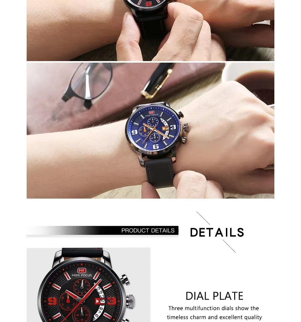 Mini Focus MF0025G Men’s Chronograph Quartz Watch | Leather Strap Waterproof 6-Hand Design | Factory Wholesale