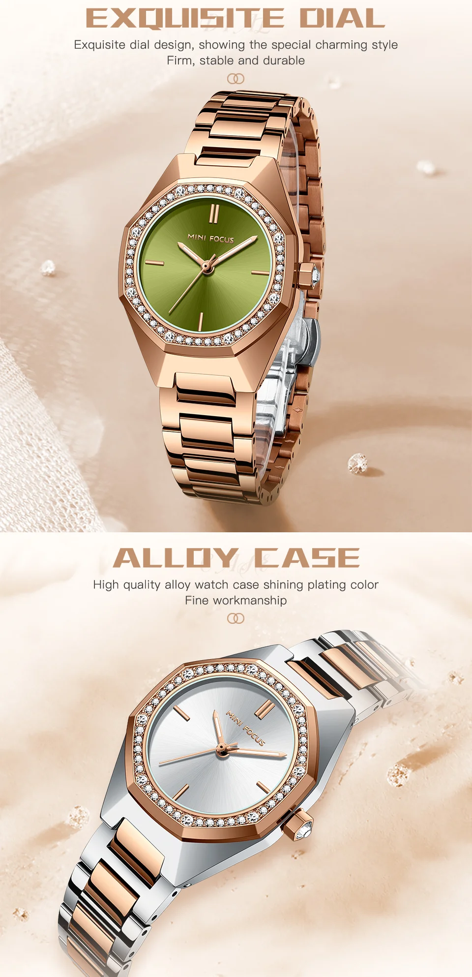 Elegant Rose Gold Women's Quartz Watch with Stainless Steel Strap Mini Focus Ladies Collection