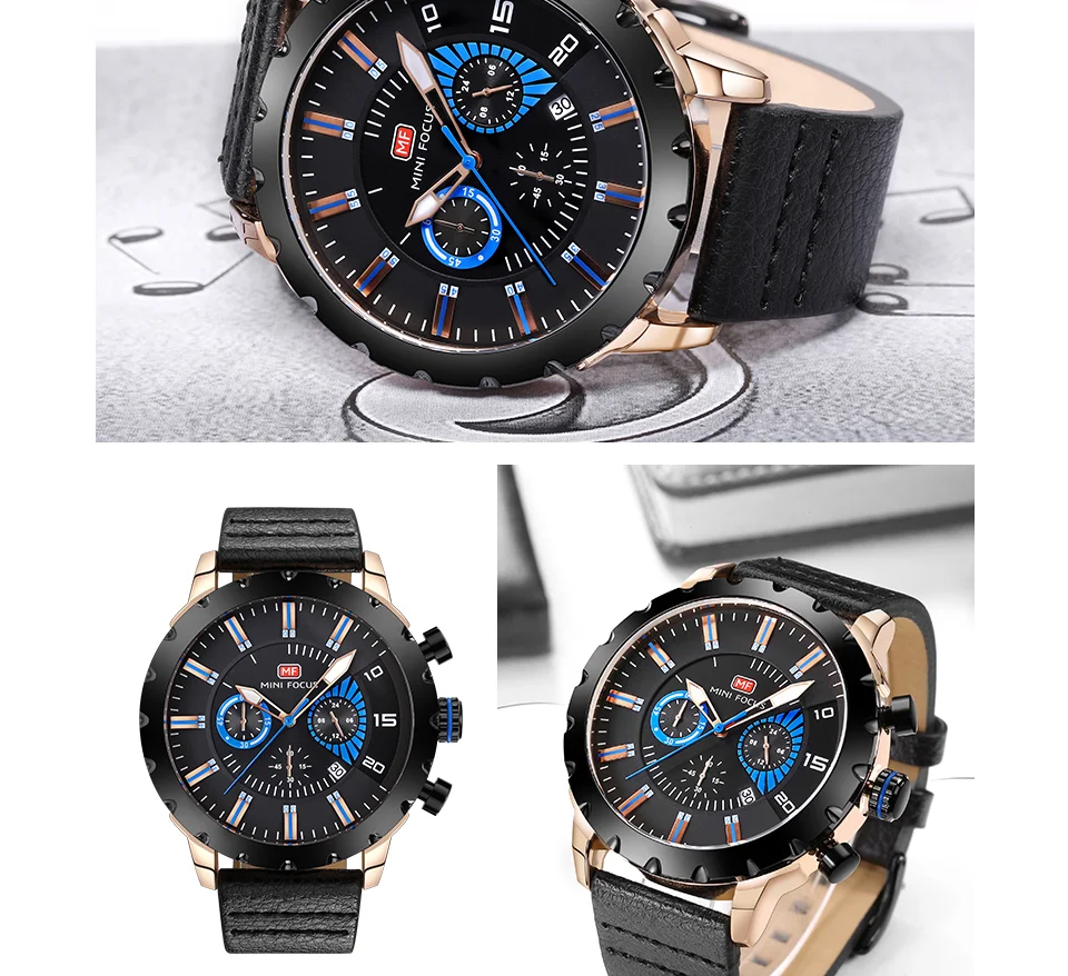 Mini Focus MF0079G Luxury Men's Chronograph Watch | Big Dial Leather Strap Quartz Business Wristwatch OEM Wholesale