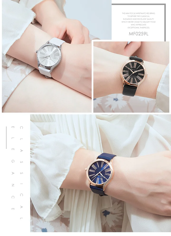 Mini Focus Women’s Quartz Watch | Elegant Blue Dial Ultra-Thin Waterproof Leather Strap Factory Wholesale