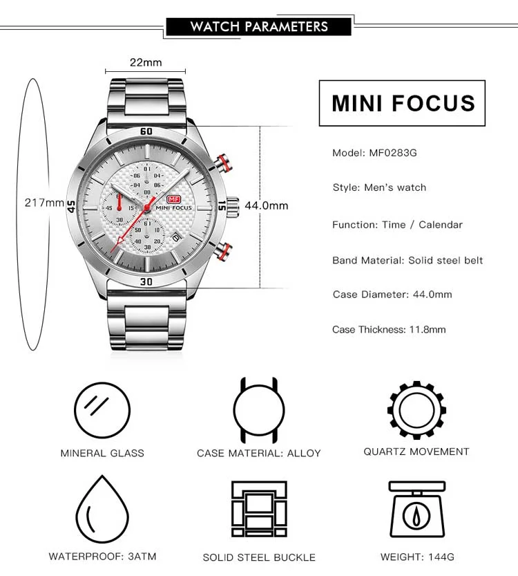Mini Focus Blue Chronograph Watch for Men Stainless Steel Band Luxury Business Quartz Wristwatch