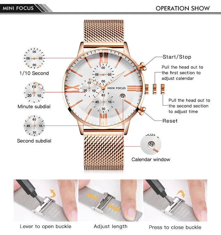 Mini Focus MF0236G Men’s Sports Quartz Watch | Chronograph Waterproof Stainless Steel Mesh Band