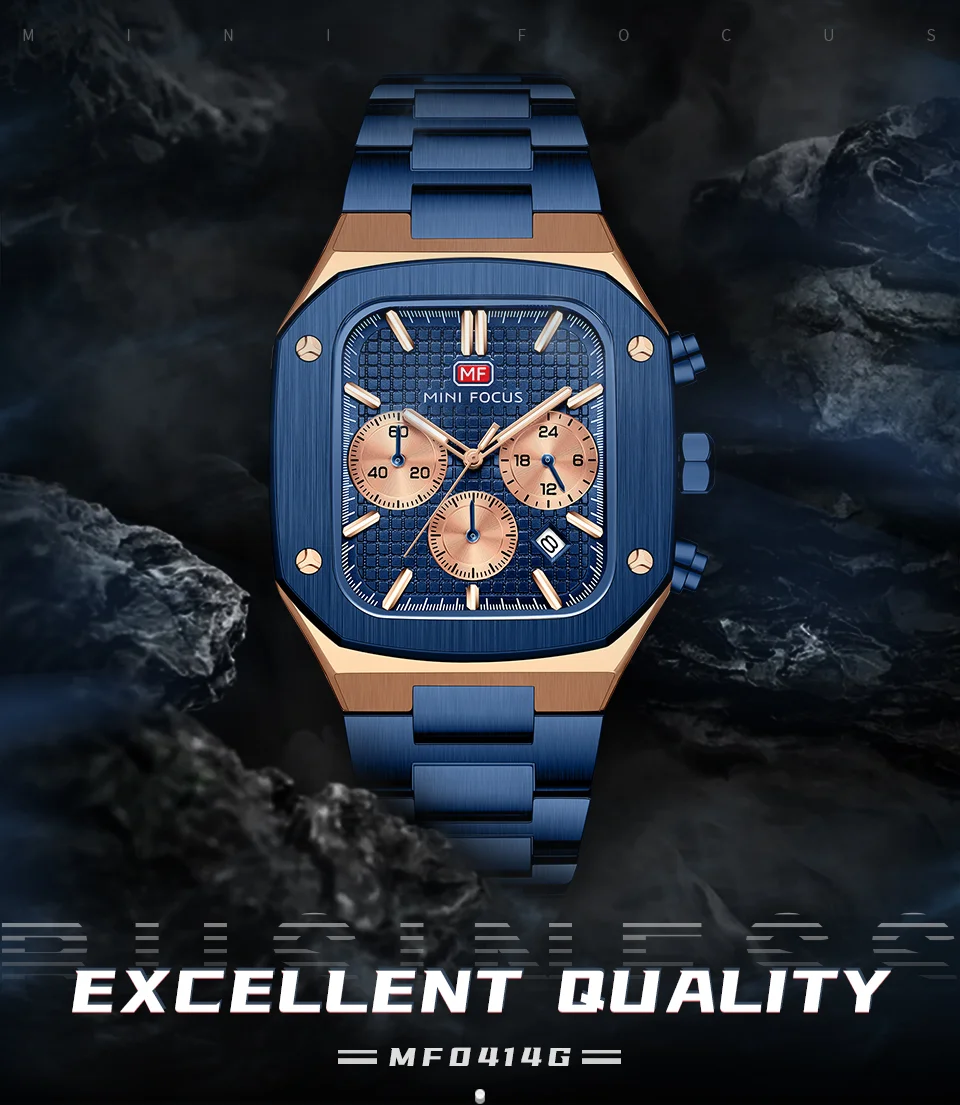 Stylish Luxury Quartz Watch for Men – Rose Gold Blue Chronograph by MINI FOCUS Factory Wholesale Supplier