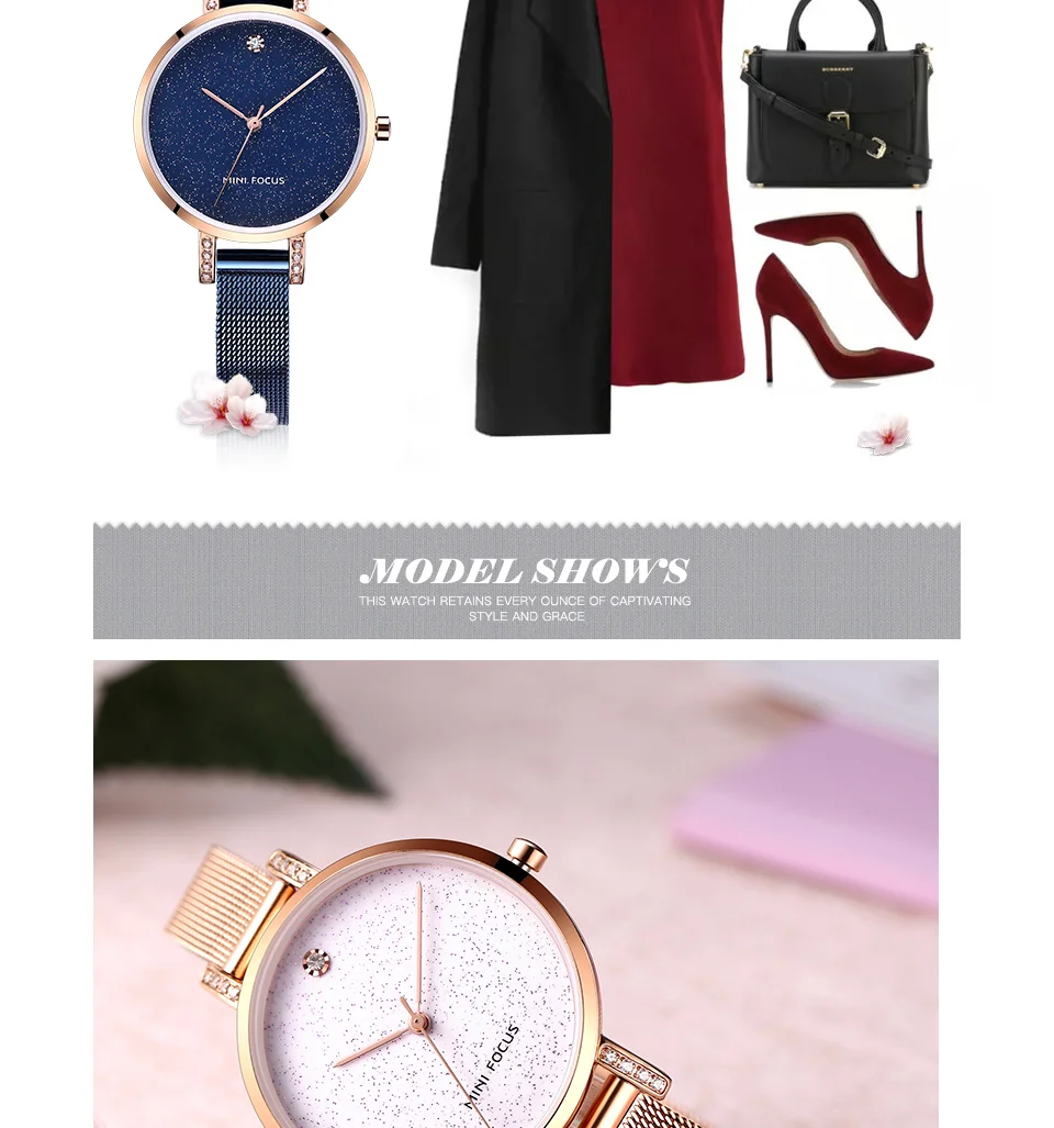 MINI FOCUS Women’s Luxury Quartz Watch | Rose Blue Mesh Strap Waterproof Wristwatch | 2025 New Fashion Casual Watch