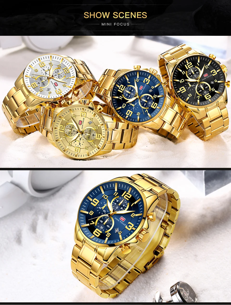 Mini Focus Gold Chronograph Men's Quartz Watch - Luxury Stainless Steel, Waterproof, Wholesale