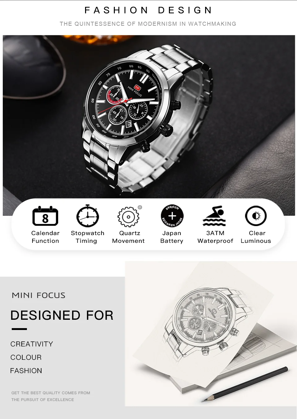 MINI FOCUS MF0133G Men’s Quartz Sports Watch | Stainless Steel, Calendar, Waterproof, Factory Wholesale