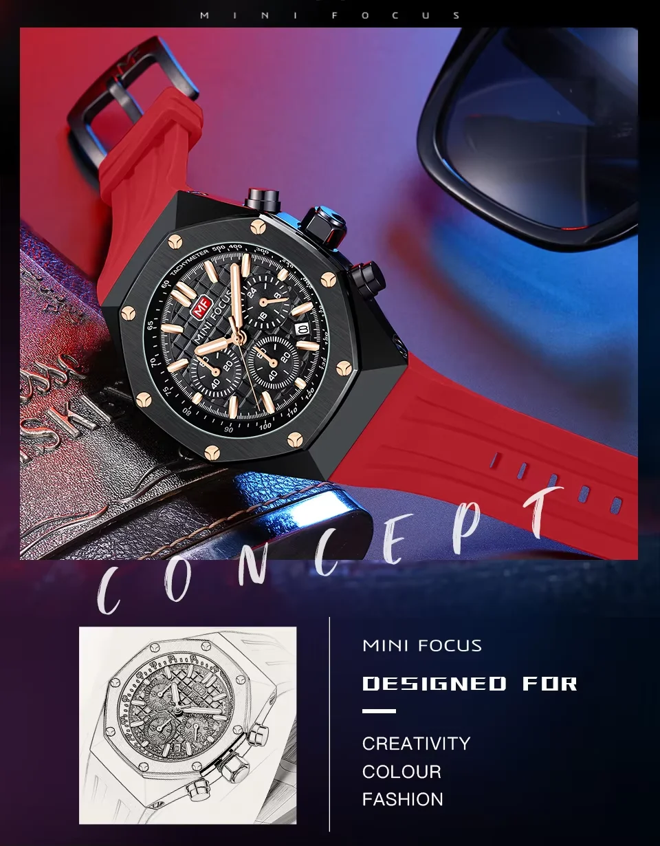 Sport Chronograph Quartz Watch for Men Waterproof Silicone Wristwatch by MINI FOCUS