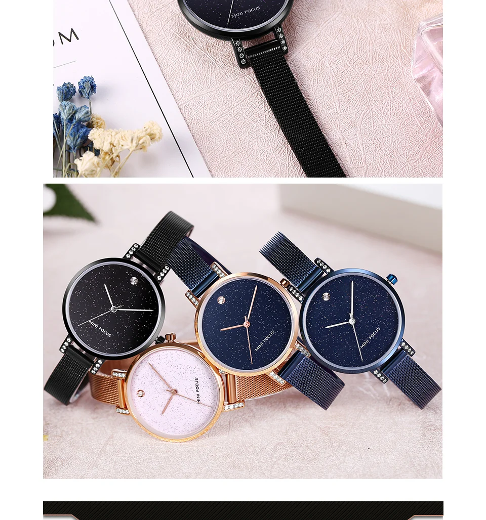 MINI FOCUS Women’s Luxury Quartz Watch | Rose Blue Mesh Strap Waterproof Wristwatch | 2025 New Fashion Casual Watch