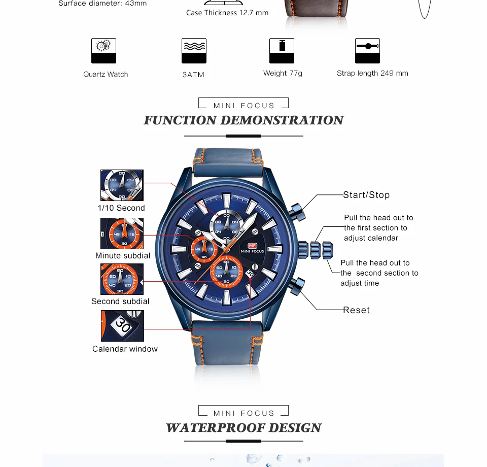 Mini Focus MF0083G Men's Fashion Watch | Genuine Leather Strap, Luminous Hands, Waterproof Quartz Movement, ODM Available