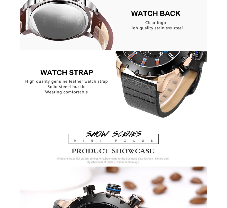 Mini Focus MF0079G Luxury Men's Chronograph Watch | Big Dial Leather Strap Quartz Business Wristwatch OEM Wholesale