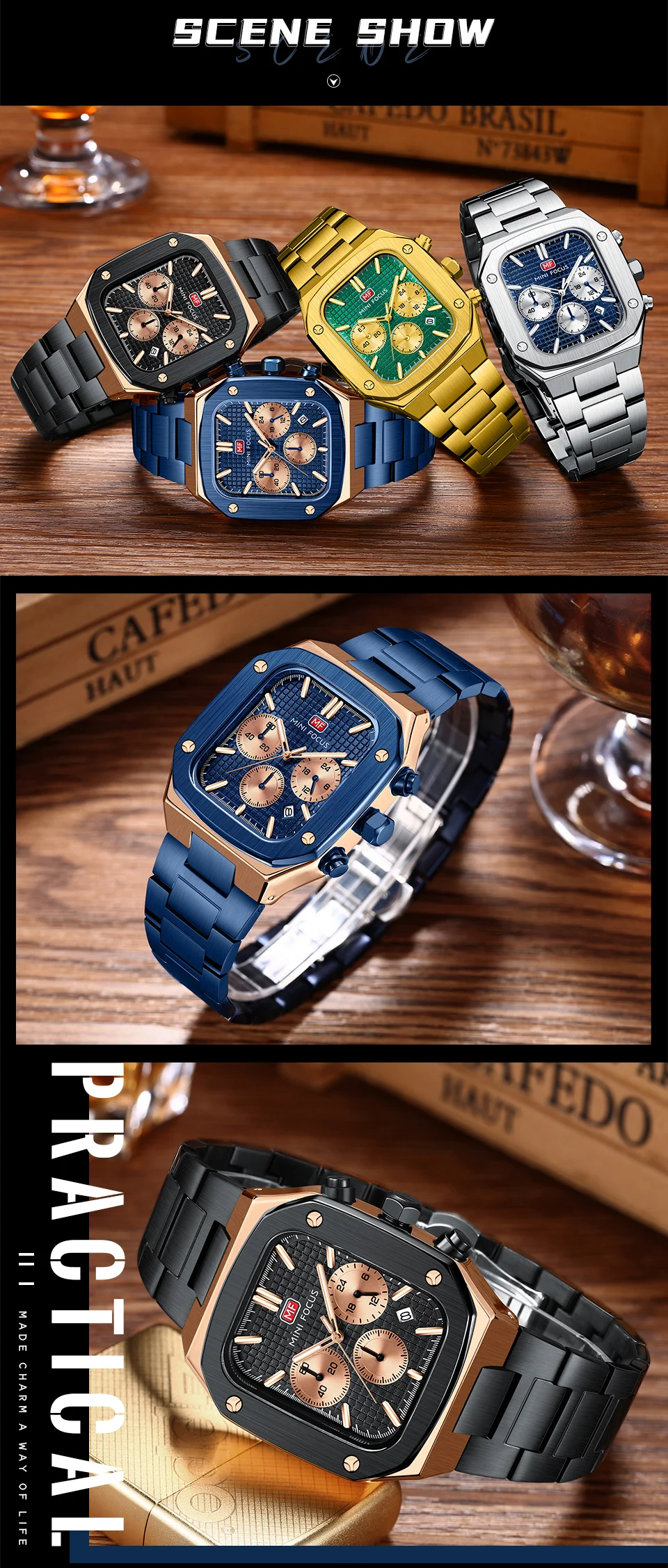 Stylish Luxury Quartz Watch for Men – Rose Gold Blue Chronograph by MINI FOCUS Factory Wholesale Supplier