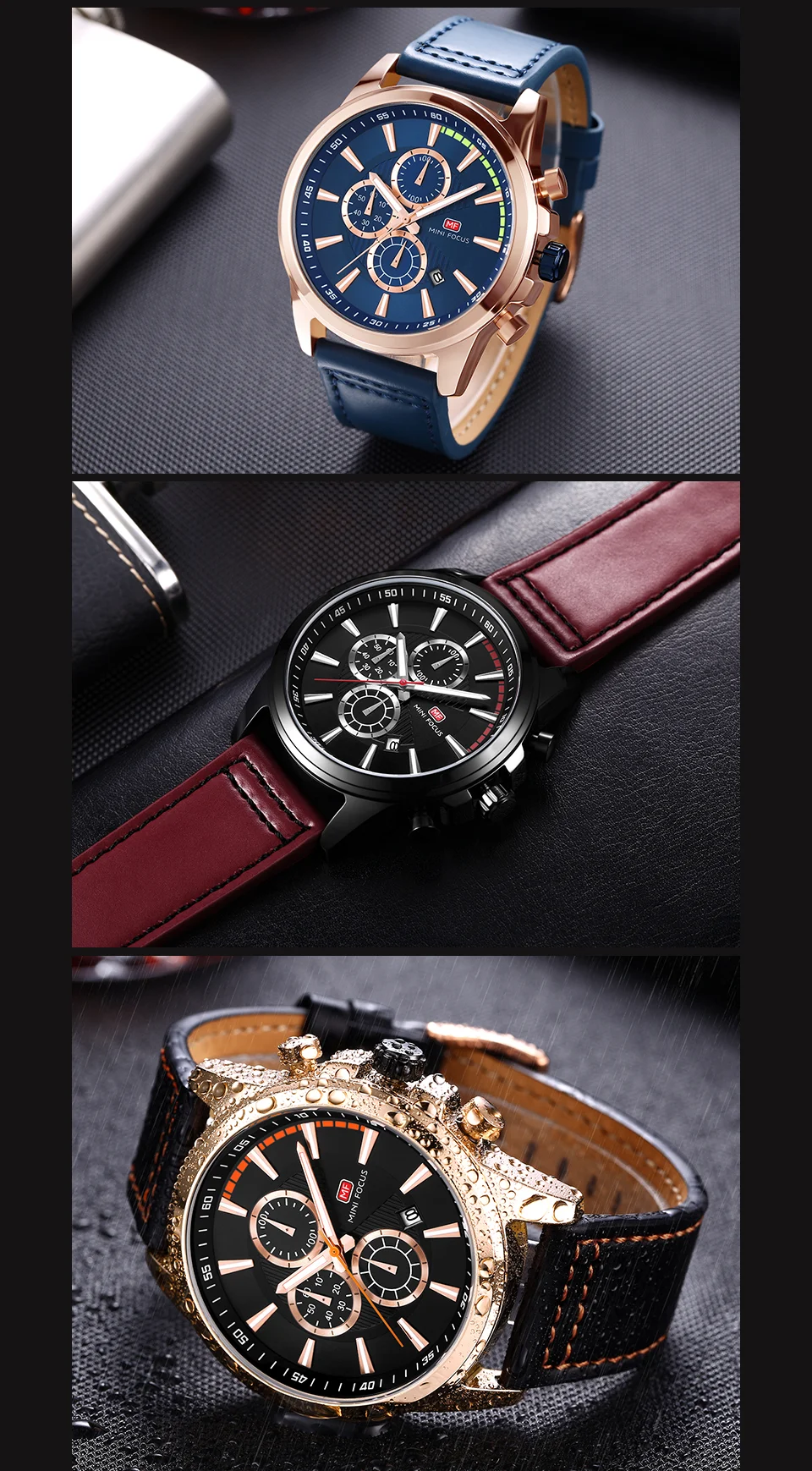 Mini Focus MF0129G Men’s Luxury Chronograph Watch | Sporty Leather Strap Quartz with Date | Factory Direct Wholesale