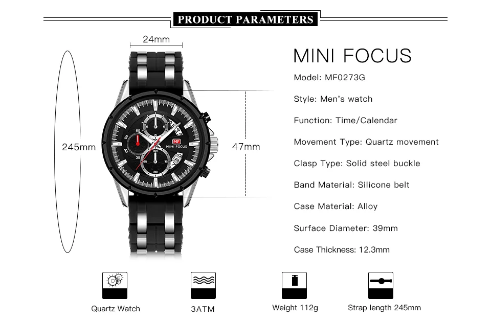Mini Focus Men Sports Quartz Watches Luminous Hands Waterproof Chronograph Calendar Silicone Strap Fashion Watch