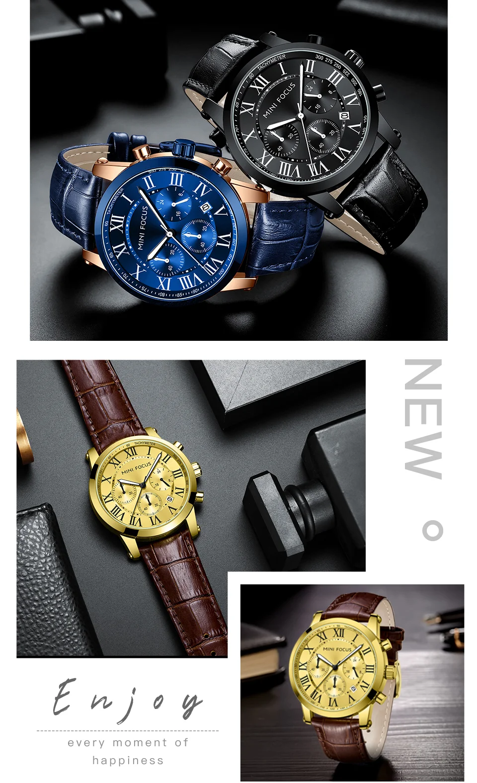 Fashion Leather Chronograph Watch for Men Classic Quartz Wristwatch by MINI FOCUS Wholesale 
