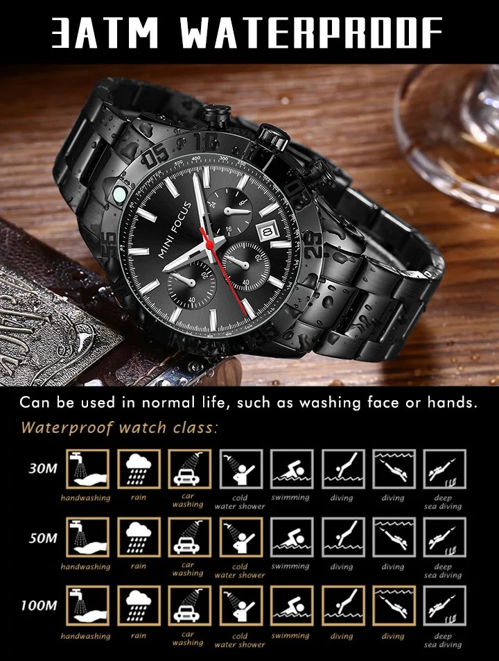 MINI FOCUS Business Chronograph Quartz Watch for Men Stainless Steel Wristwatch