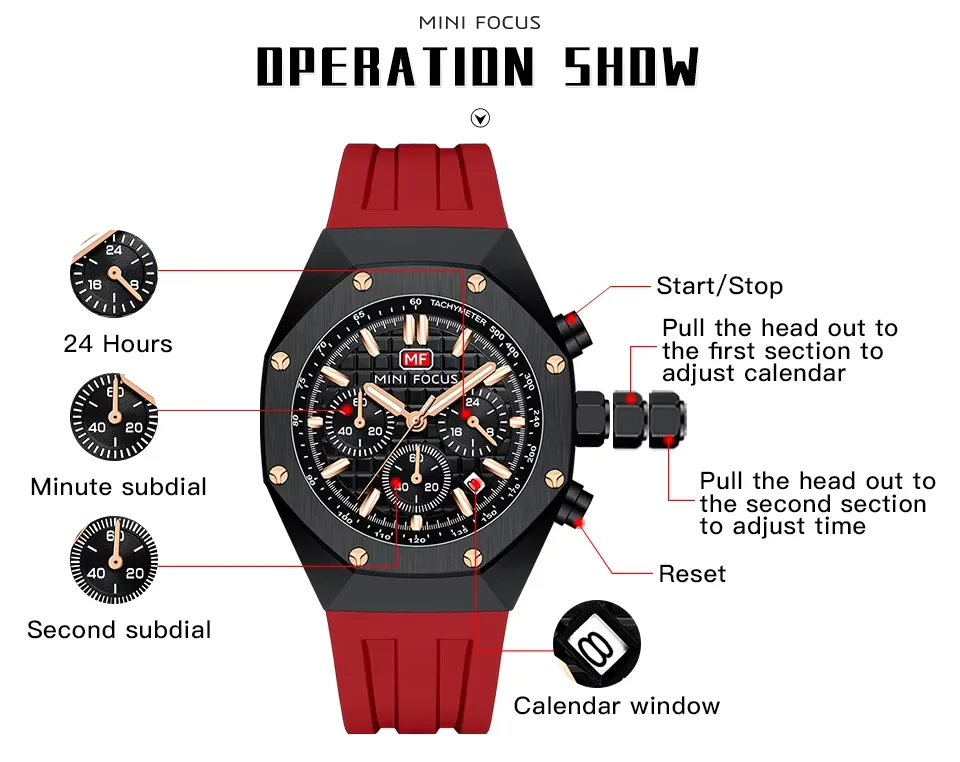 Sport Chronograph Quartz Watch for Men Waterproof Silicone Wristwatch by MINI FOCUS