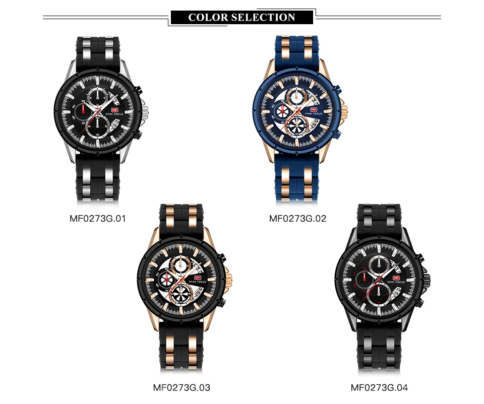 Mini Focus Men Sports Quartz Watches Luminous Hands Waterproof Chronograph Calendar Silicone Strap Fashion Watch