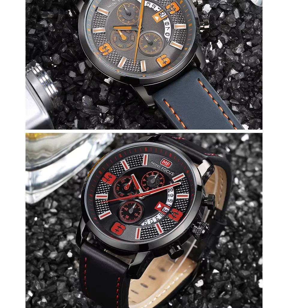 Mini Focus MF0025G Men’s Chronograph Quartz Watch | Leather Strap Waterproof 6-Hand Design | Factory Wholesale