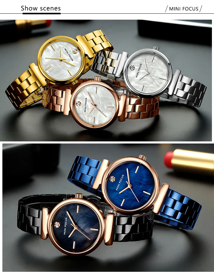 MINI FOCUS Luxury Diamond Women Watches Fashion Marble Dial Stainless Steel Strap Fashion Simple Watch for Girls