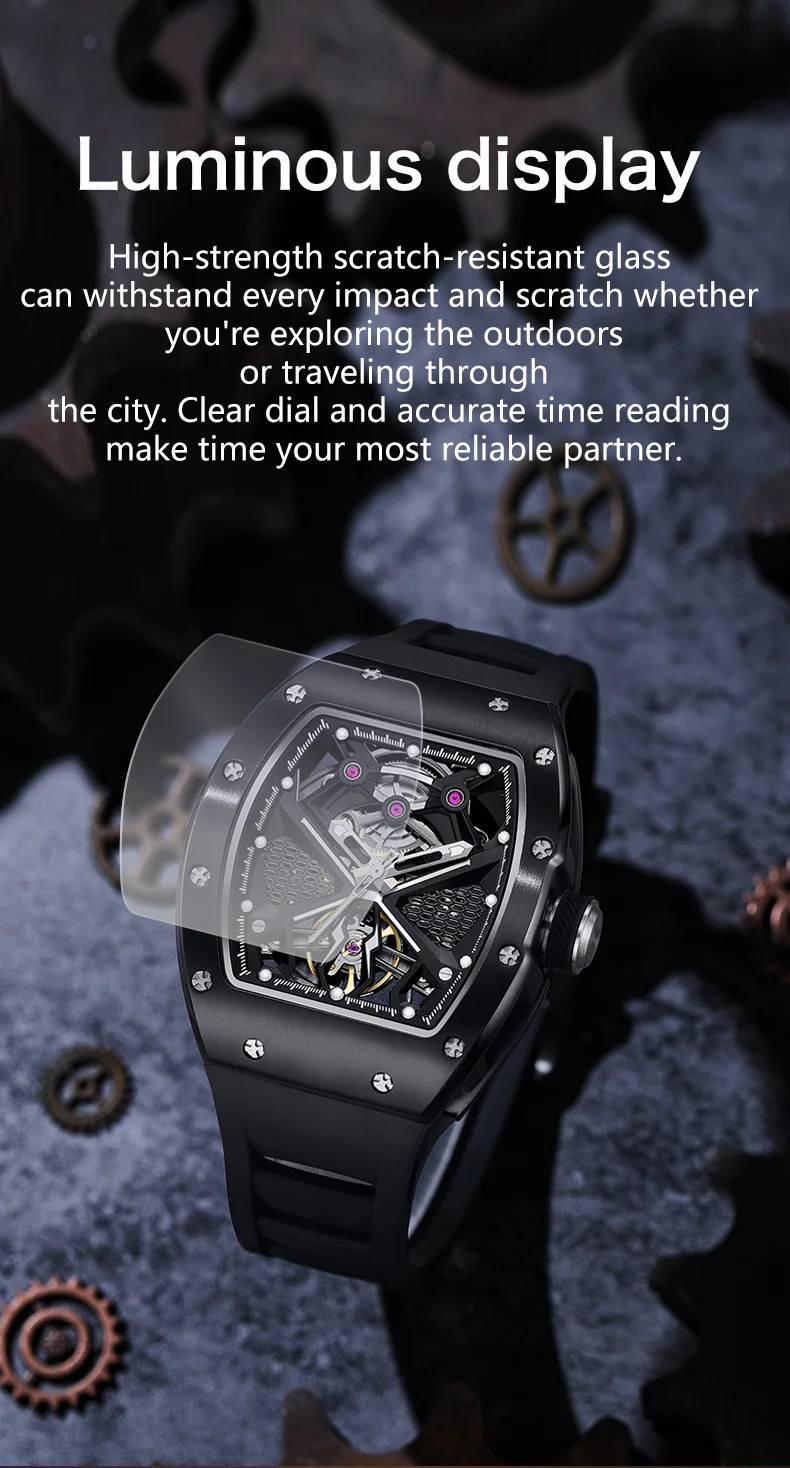 CHANCE 919005 Sporty Mechanical Watch 50M Waterproof, Hollow Dial, Silicone Strap for Men