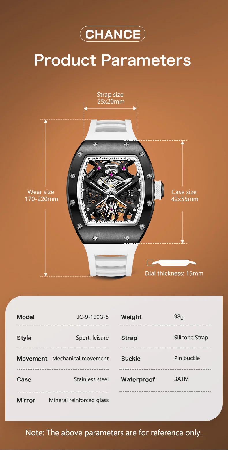 CHANCE 919005 Sporty Mechanical Watch 50M Waterproof, Hollow Dial, Silicone Strap for Men