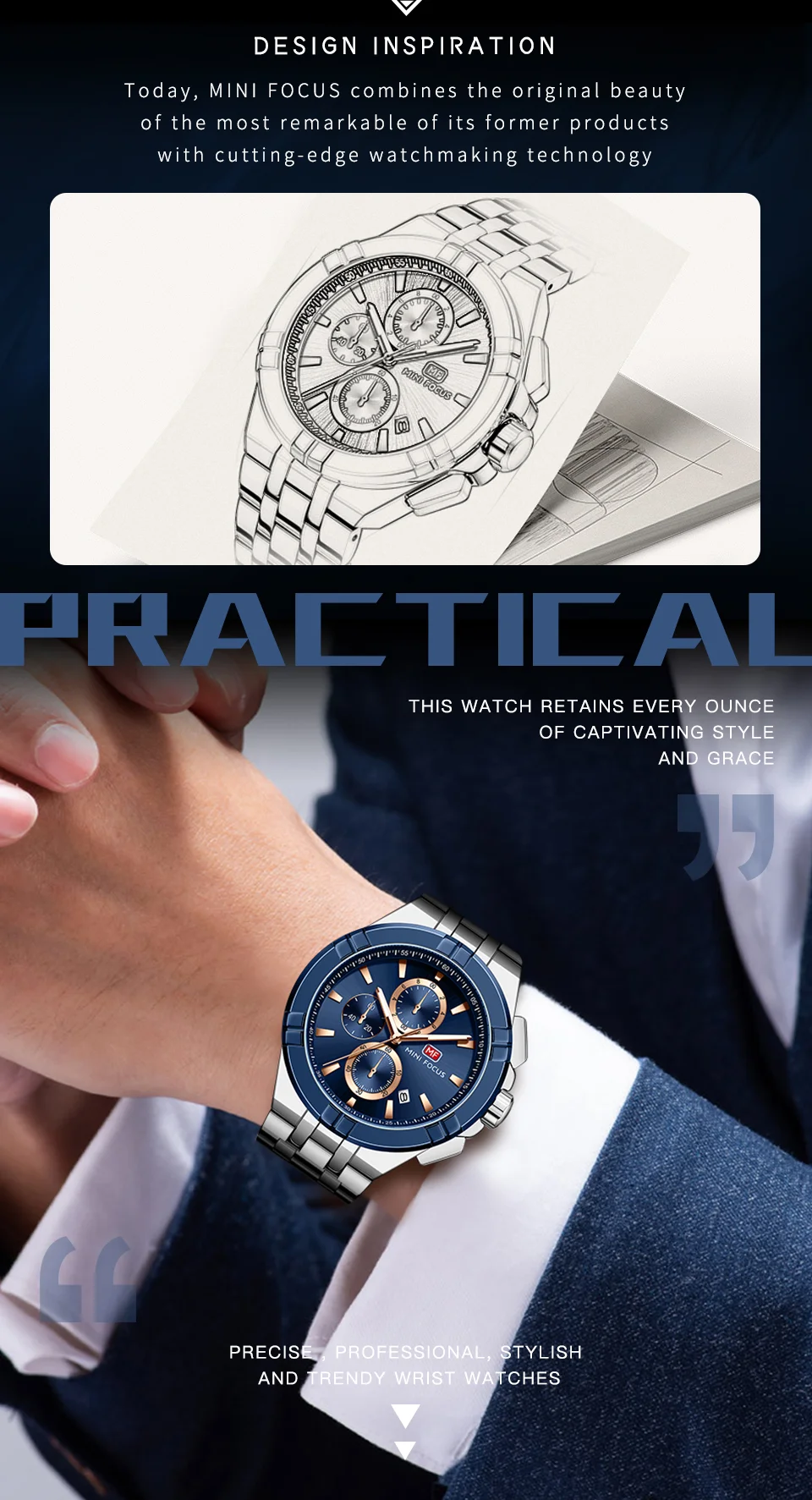 Mini Focus Top Sale Men’s Sports Chronometer Quartz Watch with Stainless Steel Band for Wholesale