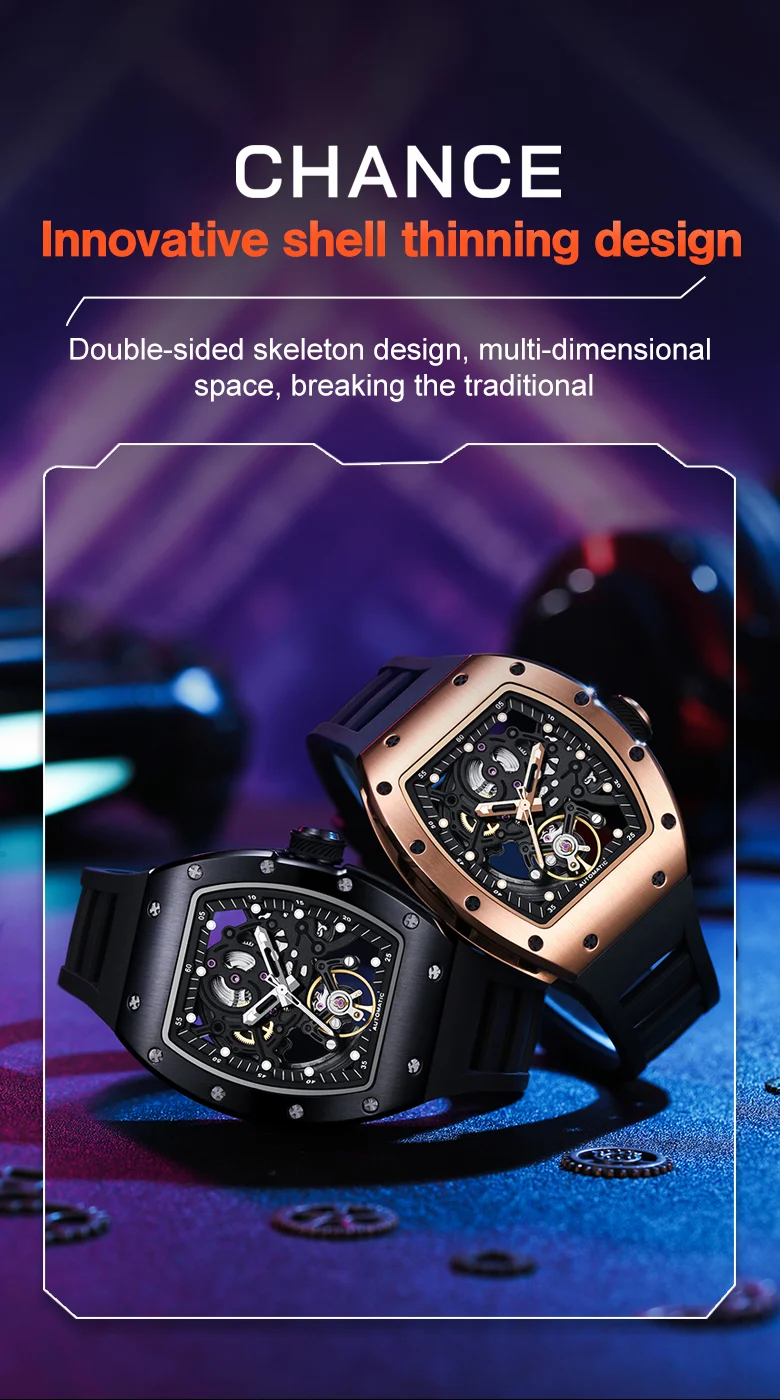 CHANCE 919012 Men’s Luxury Mechanical Watch – Carbon Fiber Case, Skeleton Dial, Waterproof Design