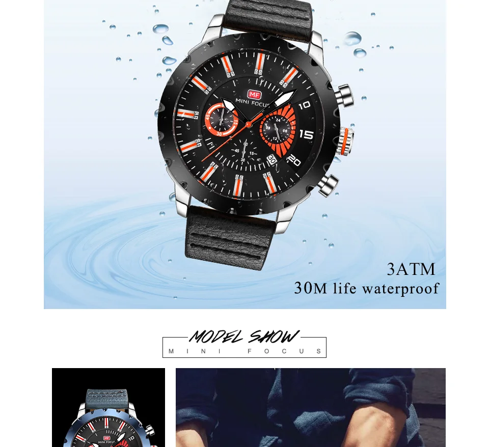 Mini Focus MF0079G Luxury Men's Chronograph Watch | Big Dial Leather Strap Quartz Business Wristwatch OEM Wholesale