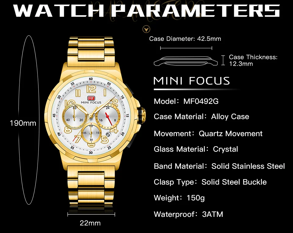 Mini Focus Waterproof Stainless Steel Strap Chronograph Fashion Men's Watch Quartz Wristwatches Male Business Watch