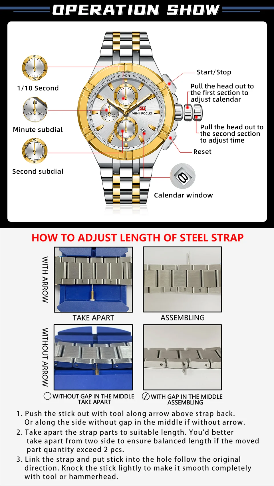 Mini Focus Top Sale Men’s Sports Chronometer Quartz Watch with Stainless Steel Band for Wholesale