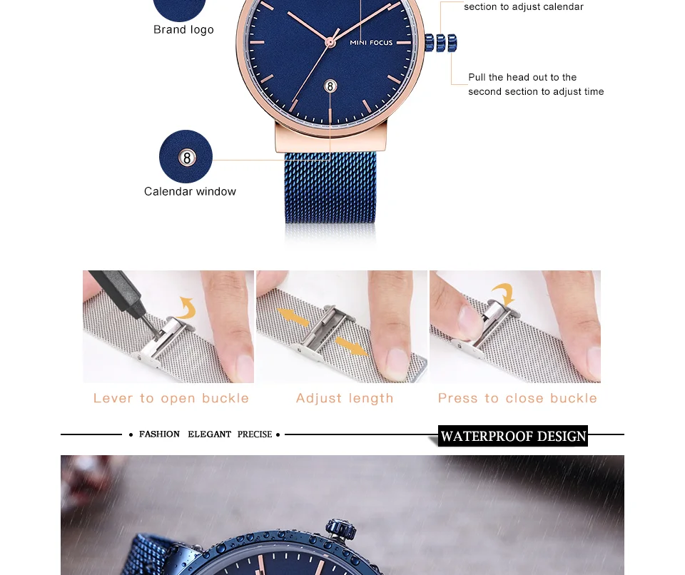 Mini Focus MF0184G Men's Business Quartz Watch | Stainless Steel Mesh Band | Waterproof Calendar OEM Supplier