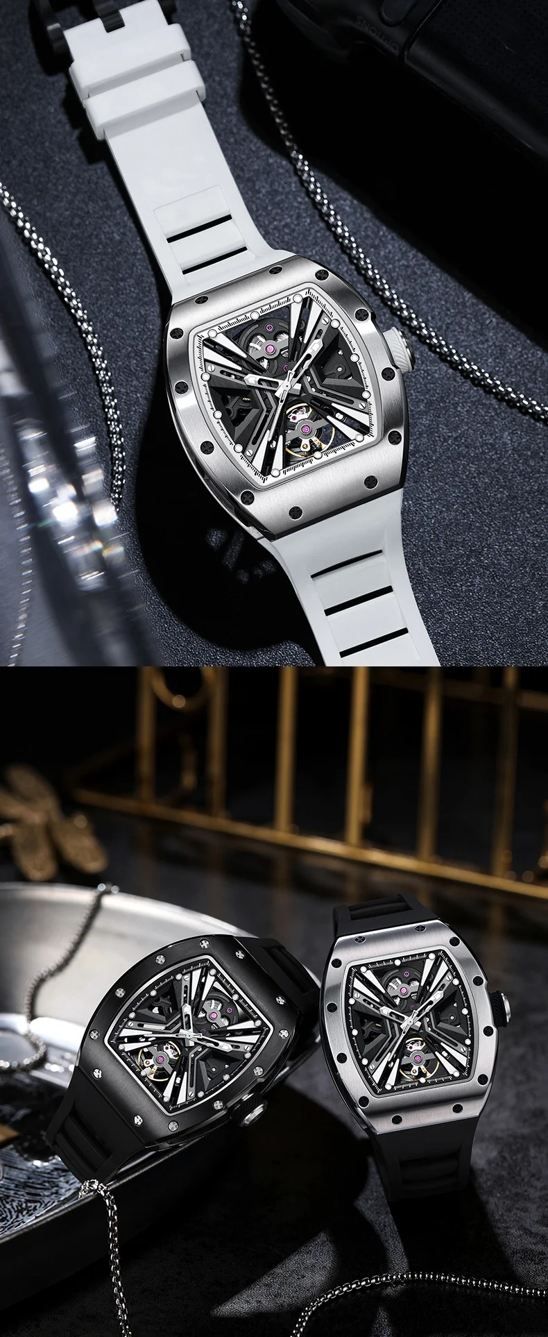 CHANCE 919004 Carbon Fiber Automatic Watch Luminous Silicone Strap Mechanical Watch for Men