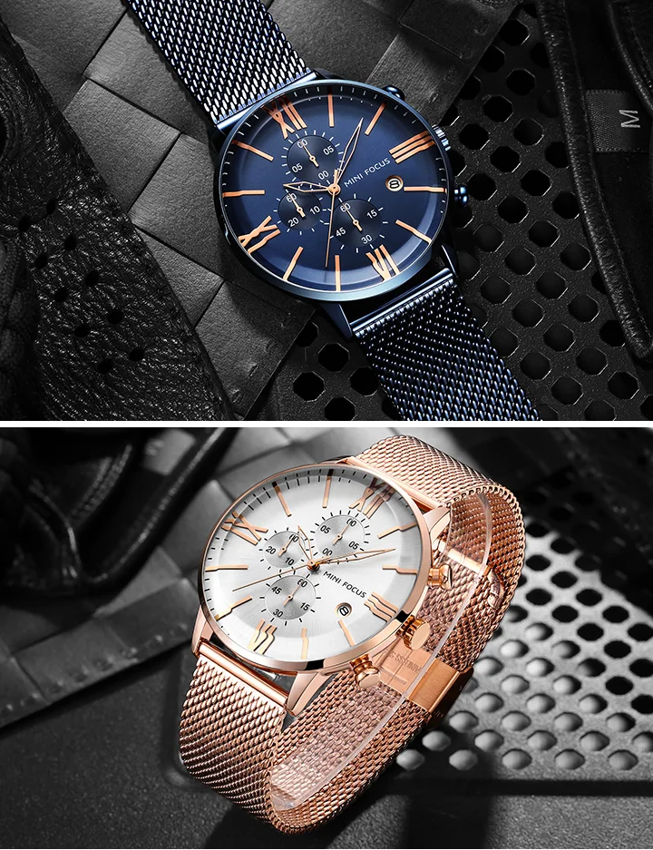 Mini Focus MF0236G Men’s Sports Quartz Watch | Chronograph Waterproof Stainless Steel Mesh Band