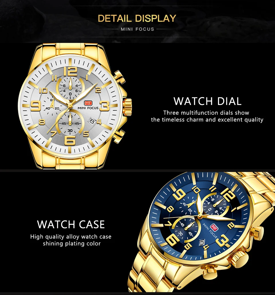 Mini Focus Gold Chronograph Men's Quartz Watch - Luxury Stainless Steel, Waterproof, Wholesale
