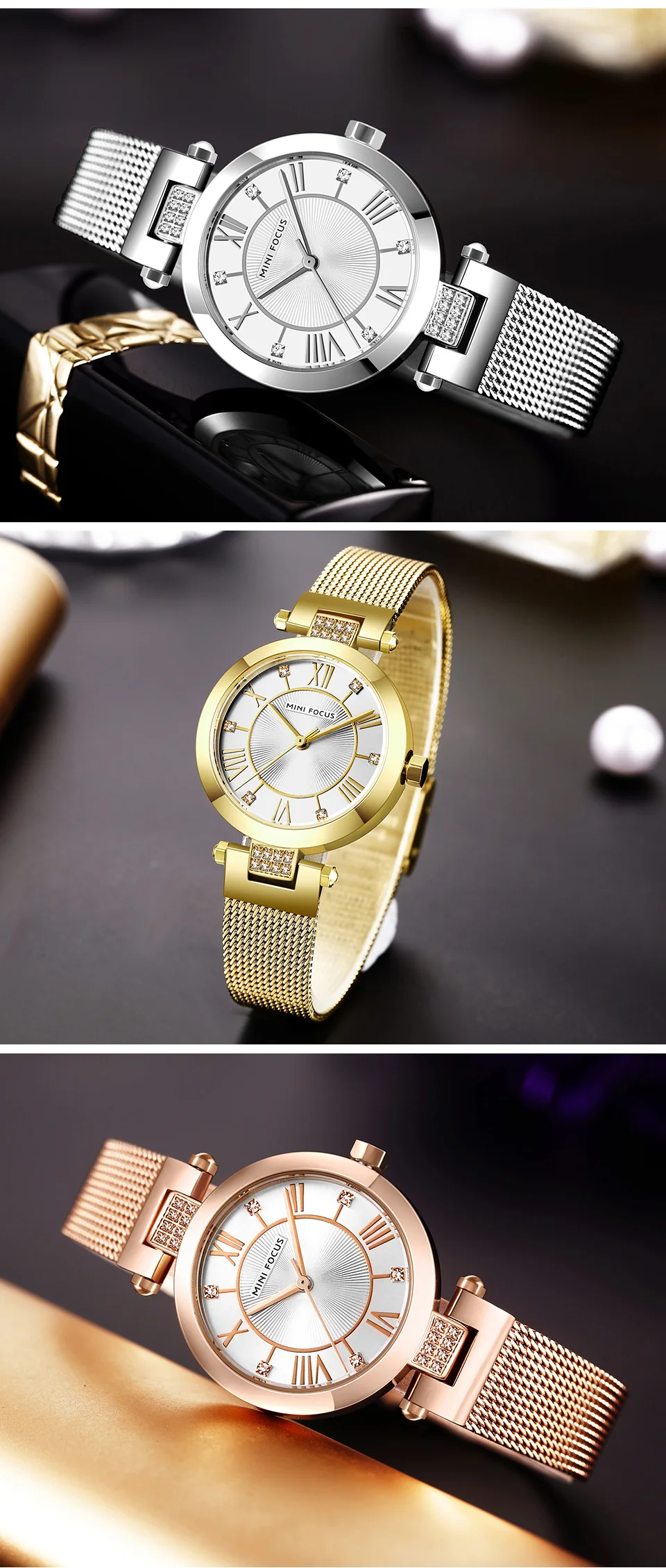 Mini Focus MF0215L Ladies Luxury Diamond Quartz Watch | Golden Mesh Strap | Waterproof Factory Wholesale