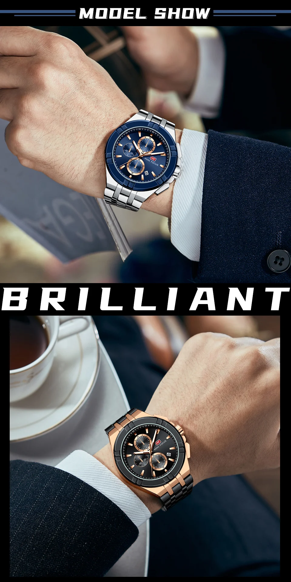 Mini Focus Top Sale Men’s Sports Chronometer Quartz Watch with Stainless Steel Band for Wholesale