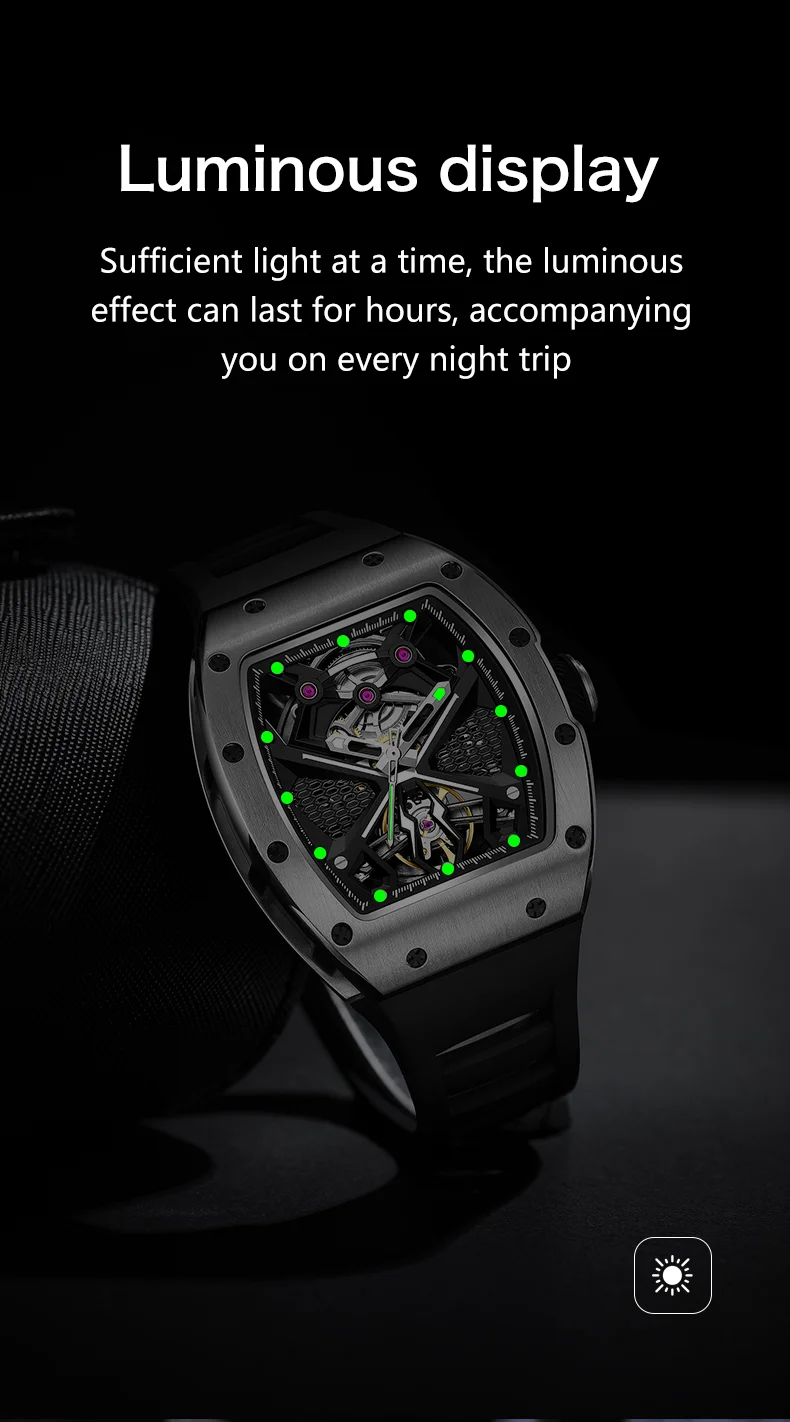 CHANCE 919005 Sporty Mechanical Watch 50M Waterproof, Hollow Dial, Silicone Strap for Men