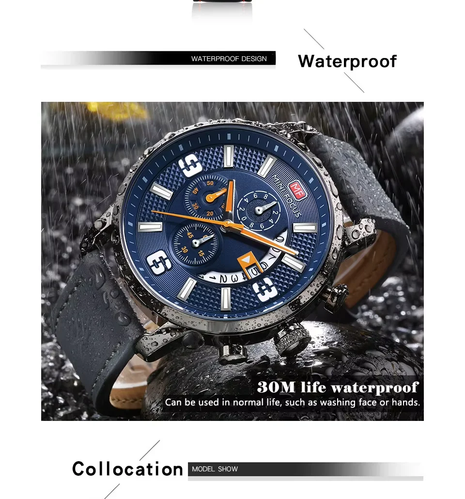 Mini Focus MF0025G Men’s Chronograph Quartz Watch | Leather Strap Waterproof 6-Hand Design | Factory Wholesale