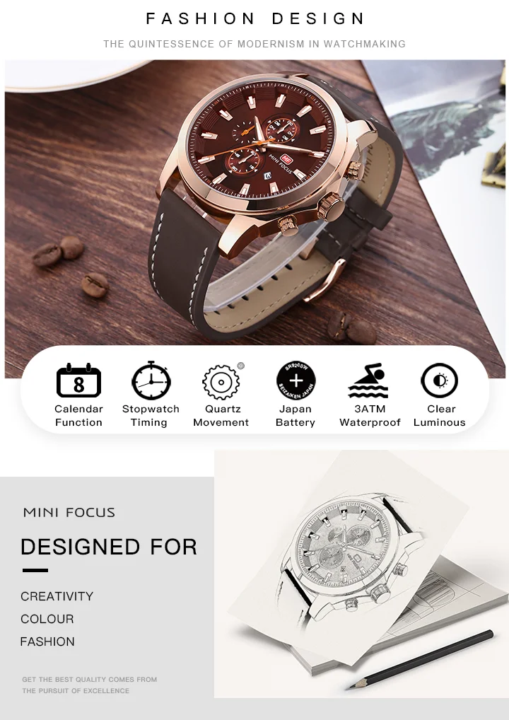 Mini Focus MF0082G Men's Watch | Fashionable Waterproof Leather Strap, Luminous Calendar, Quartz Movement