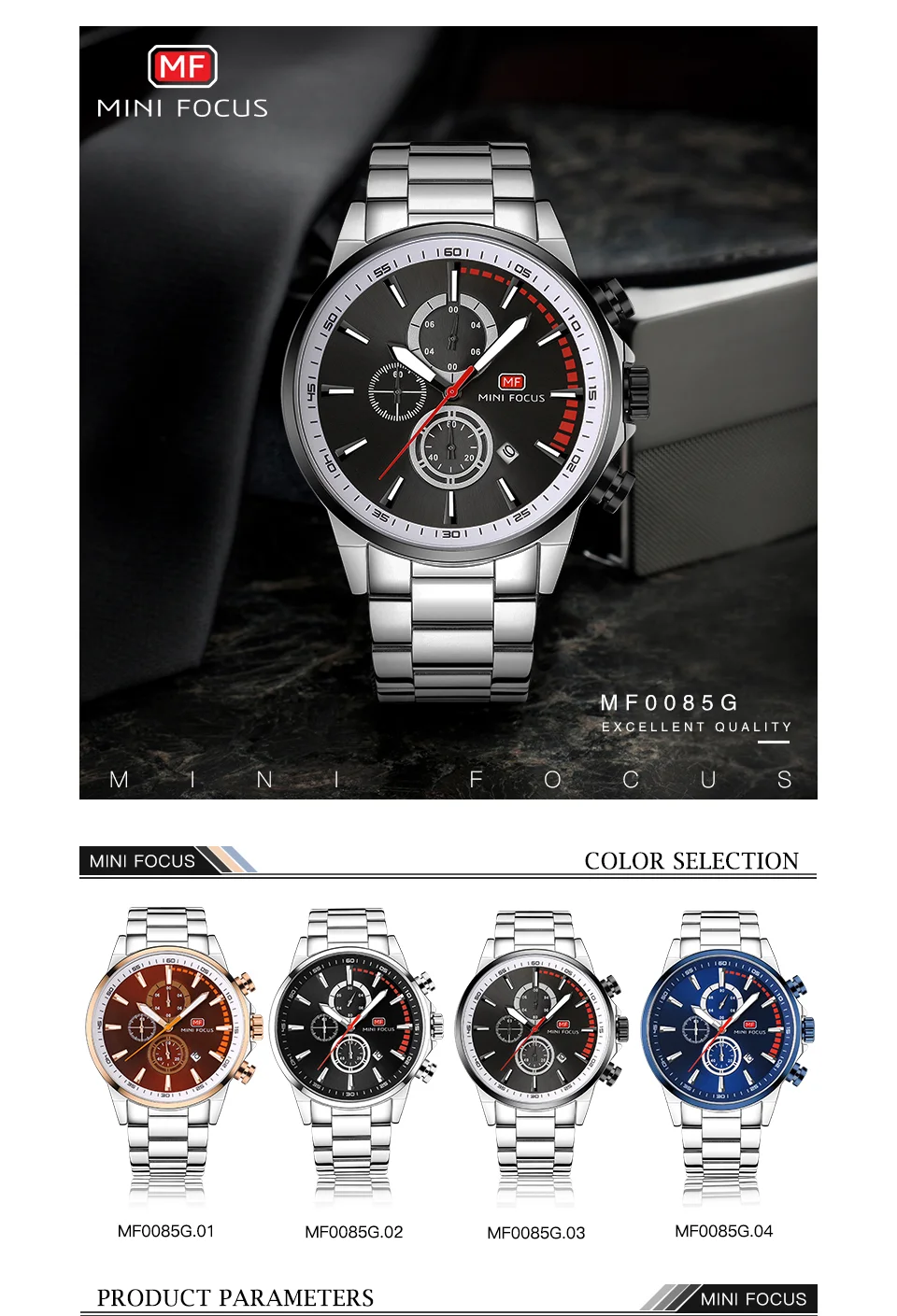Mini Focus MF0085G Men's Sport Racing Style Chronograph Watch | Quartz Movement, Stainless Steel Wristwatch