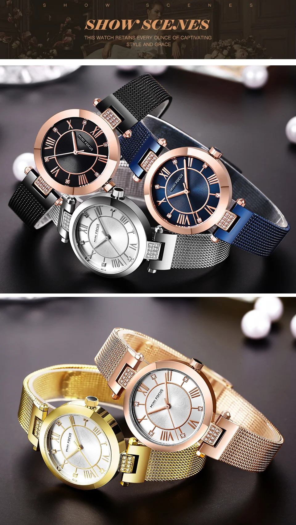 Mini Focus MF0215L Ladies Luxury Diamond Quartz Watch | Golden Mesh Strap | Waterproof Factory Wholesale