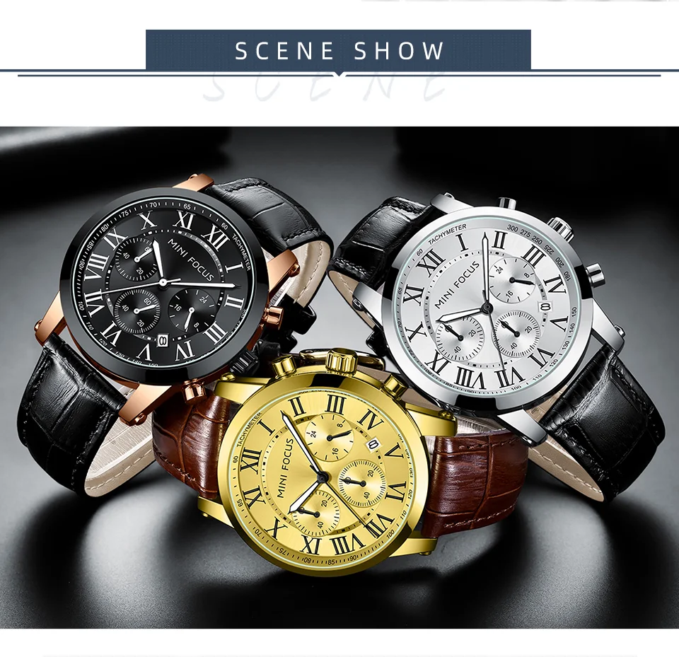 Fashion Leather Chronograph Watch for Men Classic Quartz Wristwatch by MINI FOCUS Wholesale 